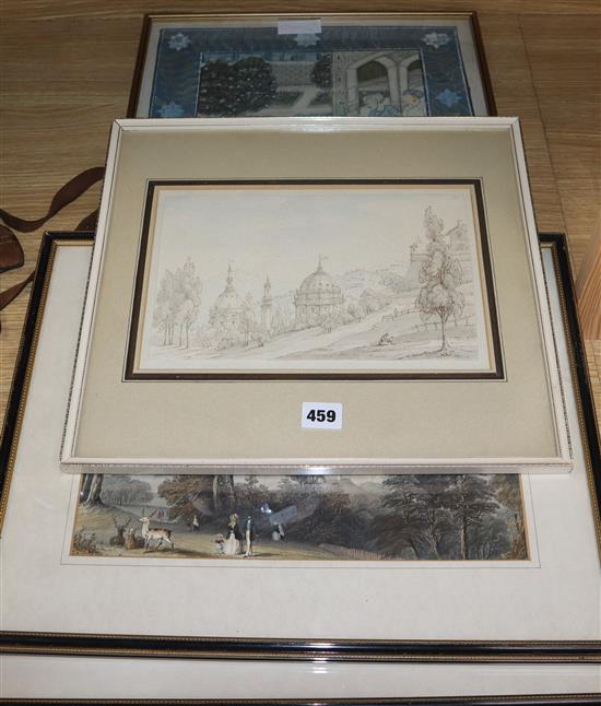 19th century English School, ink and wash, View of a hillside palace, 17 x 26.5cm and three assorted prints